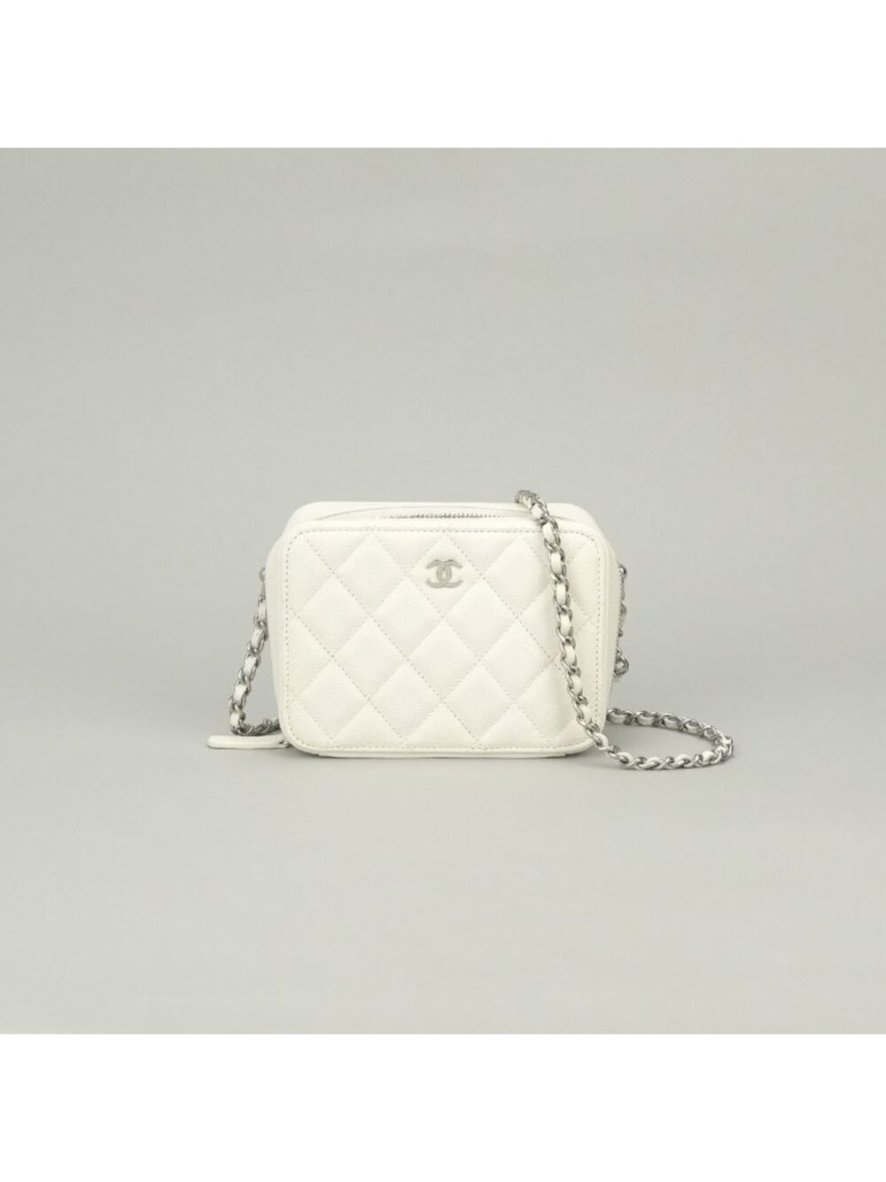 Chanel Quilted Shoulder Bag Caviar Leather White Silver CC Logo